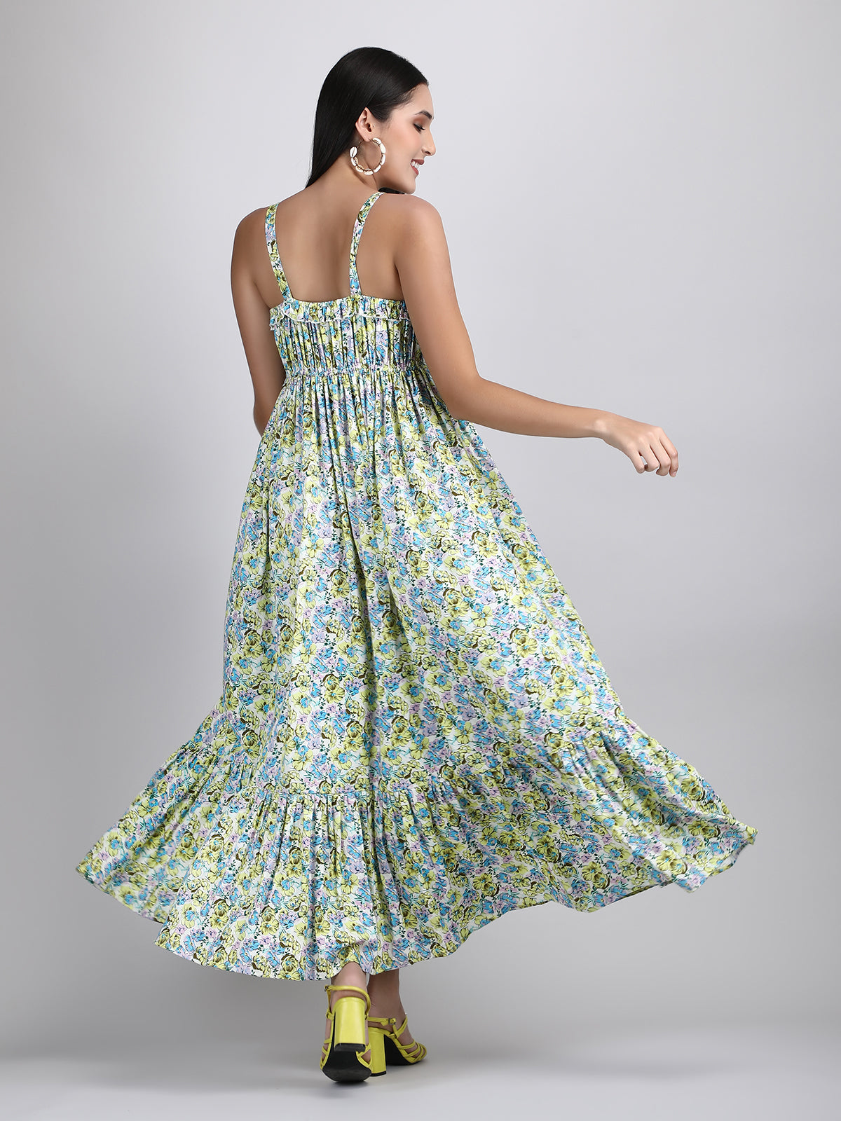 Organic cotton green and yellow summer floral dress