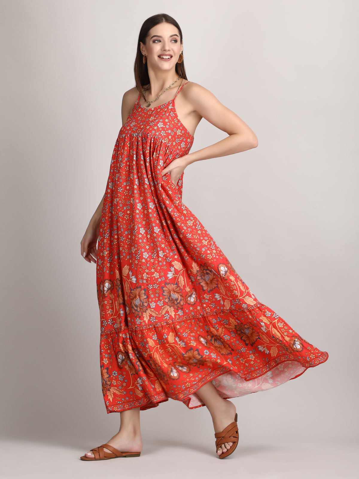 Lovely orange print 100% organic cotton summer dress